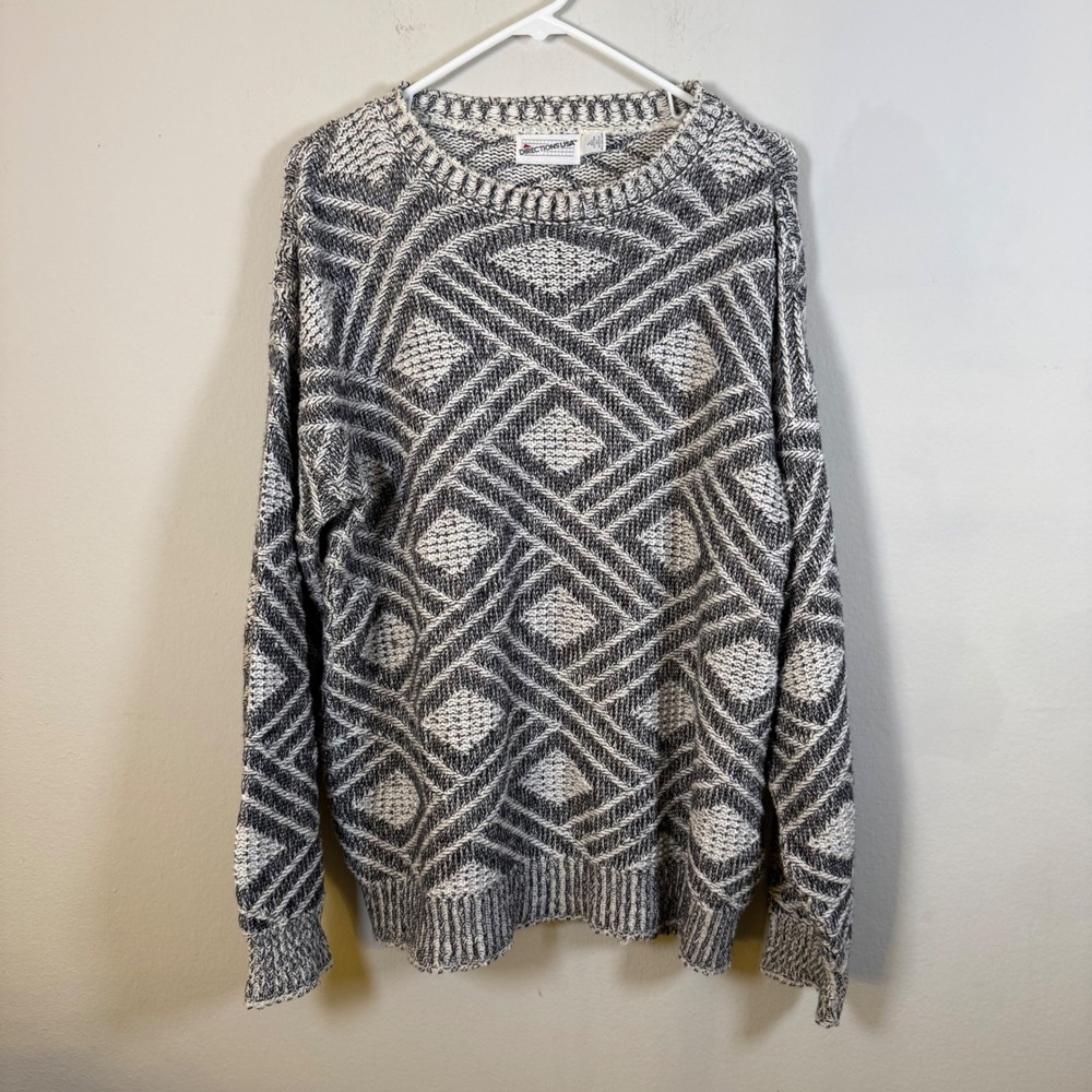 Directions USA Vintage Mens Geometric Diamond Knit Sweater Black White Large L